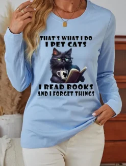 New Women's 100% Cotton T Shirt Casual Cat Letter Regular Tops Long Sleeve Round Neck Print Regular Fit Daily Weekend Blue Beige Gray Fall Winter Women T-Shirts