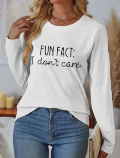 Outlet Women's 100% Cotton T Shirt Casual Letter Regular Tops Long Sleeve Round Neck Print Regular Fit Daily Weekend Black White Blue Fall Winter Prefall Women T-Shirts