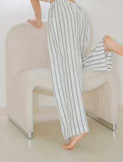 Women's 100% Cotton Wide Leg Chinos Vacation Vintage Ethnic Style Full Length Mid Waist Stripe Inelastic Vacation Home Casual White Navy Blue Summer Spring Fall Loose Fit Women Pants|Pants