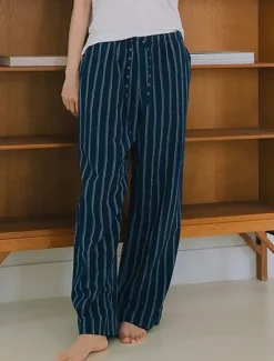 Women's 100% Cotton Wide Leg Chinos Vacation Vintage Ethnic Style Full Length Mid Waist Stripe Inelastic Vacation Home Casual White Navy Blue Summer Spring Fall Loose Fit Women Pants|Pants