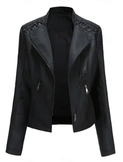 Discount Women's Faux Leather Jacket Moto Biker Jacket Fall Waterproof Windproof Coat Winter Zipper Lapel Modern Outerwear Long Sleeve Causal Vacation Women Jackets