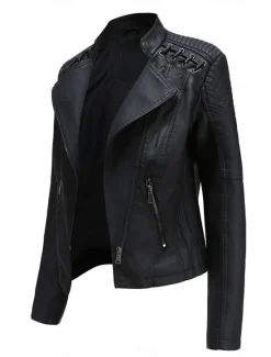 Discount Women's Faux Leather Jacket Moto Biker Jacket Fall Waterproof Windproof Coat Winter Zipper Lapel Modern Outerwear Long Sleeve Causal Vacation Women Jackets