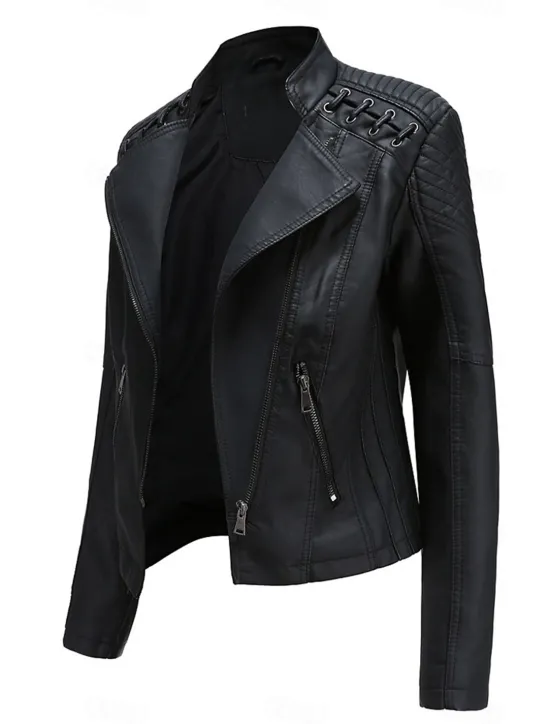 Discount Women's Faux Leather Jacket Moto Biker Jacket Fall Waterproof Windproof Coat Winter Zipper Lapel Modern Outerwear Long Sleeve Causal Vacation Women Jackets