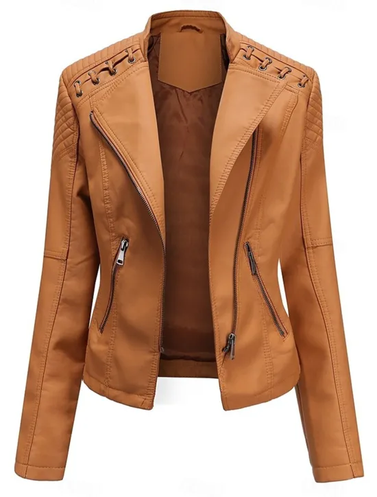 Discount Women's Faux Leather Jacket Moto Biker Jacket Fall Waterproof Windproof Coat Winter Zipper Lapel Modern Outerwear Long Sleeve Causal Vacation Women Jackets