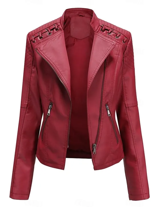 Discount Women's Faux Leather Jacket Moto Biker Jacket Fall Waterproof Windproof Coat Winter Zipper Lapel Modern Outerwear Long Sleeve Causal Vacation Women Jackets