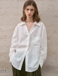 Online Women's 100% Linen Shirt Solid Color Elegant Vintage Daily Long Sleeve Shirt Collar Regular Tops Work Daily Holiday Light Yellow Big white Summer Spring Fall Women Shirts