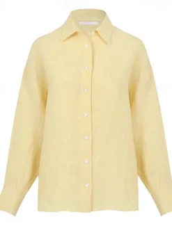 Discount Women's 100% Linen Shirt Elegant Vintage Daily Long Sleeve Shirt Collar Regular Tops Work Daily Holiday Cream yellow off white Summer Spring Fall Women Shirts