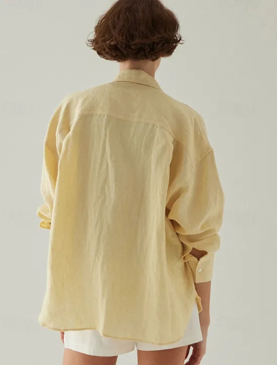Discount Women's 100% Linen Shirt Elegant Vintage Daily Long Sleeve Shirt Collar Regular Tops Work Daily Holiday Cream yellow off white Summer Spring Fall Women Shirts