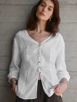 Online Women's 100% Linen Shirt Solid Color Plain Elegant Vintage Daily 3/4 Length Sleeve V Neck Regular Tops Work Daily Holiday Hemp White Summer Spring Fall Women Shirts