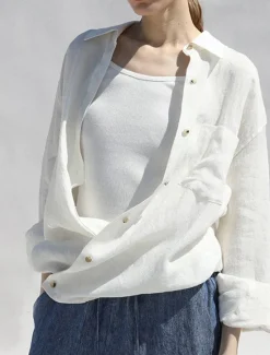 Women's 100% Linen Shirt Solid Color Elegant Vintage Daily Long Sleeve Shirt Collar Regular Tops Work Daily Holiday Summer Spring Fall Women Shirts