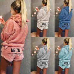 Women's Loungewear Sweatsuit Sets 2 Pieces Animal Cat Warm Plush Comfort Home Street Daily Fleece Hoodie Long Sleeve Hoodie Shorts Elastic Waist Fa Home Outfits Women Pajama-Setter