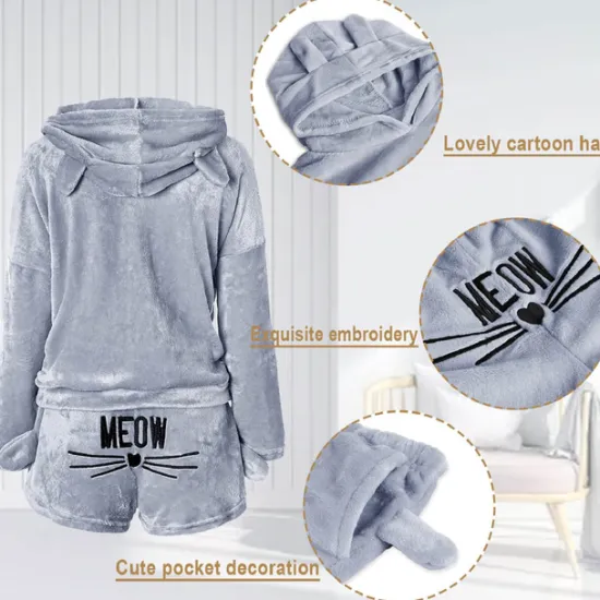 Women's Loungewear Sweatsuit Sets 2 Pieces Animal Cat Warm Plush Comfort Home Street Daily Fleece Hoodie Long Sleeve Hoodie Shorts Elastic Waist Fa Home Outfits Women Pajama-Setter