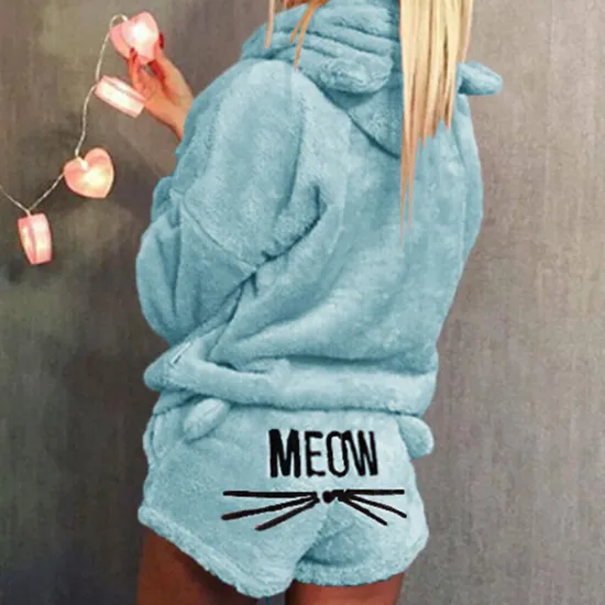 Women's Loungewear Sweatsuit Sets 2 Pieces Animal Cat Warm Plush Comfort Home Street Daily Fleece Hoodie Long Sleeve Hoodie Shorts Elastic Waist Fa Home Outfits Women Pajama-Setter