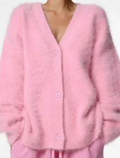 Hot Women's Oversized Cardigan Fuzzy V Neck Knit Fall Winter Work Weekend Elegant Fashion Streetwear Long Sleeve Solid Color Pink Light Grey Women Cardigans & Outerwears