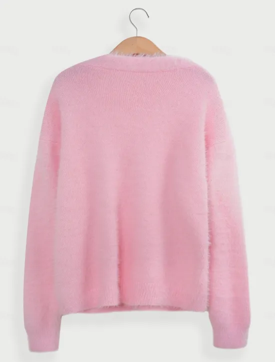 Hot Women's Oversized Cardigan Fuzzy V Neck Knit Fall Winter Work Weekend Elegant Fashion Streetwear Long Sleeve Solid Color Pink Light Grey Women Cardigans & Outerwears
