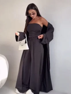 Women's 3 Piece Sets Elegant Vacation Vintage Pants Sets Long Sleeve Off Shoulder Solid Color Vacation Yoga Sport dark brown Black Summer Loose Fit Women Two Piece Sets