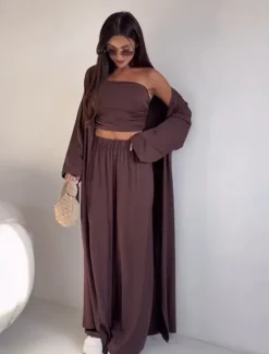 Women's 3 Piece Sets Elegant Vacation Vintage Pants Sets Long Sleeve Off Shoulder Solid Color Vacation Yoga Sport dark brown Black Summer Loose Fit Women Two Piece Sets
