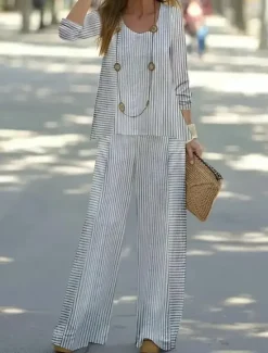 Sale Women's 2 Pieces Basic Neon & Bright Shirt Blouse Linen Like 3/4 Length Sleeve V Neck Striped Print Casual Summer Regular Fit Women Two Piece Sets