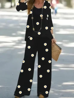New Women's 2 Pieces Basic Neon & Bright Shirt Blouse 3/4 Length Sleeve V Neck Floral Print Casual Linen Like Summer Regular Fit Women Two Piece Sets