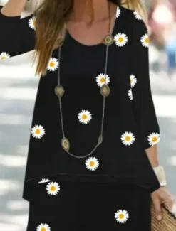 New Women's 2 Pieces Basic Neon & Bright Shirt Blouse 3/4 Length Sleeve V Neck Floral Print Casual Linen Like Summer Regular Fit Women Two Piece Sets