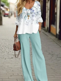Discount Women's 2 Pieces Basic Neon & Bright Shirt Blouse Chinos 3/4 Length Sleeve V Neck Leopard Print Casual Linen Like Spring Regular Fit Women Two Piece Sets