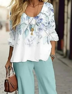 Discount Women's 2 Pieces Basic Neon & Bright Shirt Blouse Chinos 3/4 Length Sleeve V Neck Leopard Print Casual Linen Like Spring Regular Fit Women Two Piece Sets