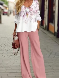 Online Women's 2 Pieces Basic Neon & Bright Shirt Blouse 3/4 Length Sleeve V Neck Floral Print Casual Linen Like Green Summer Regular Fit Women Two Piece Sets