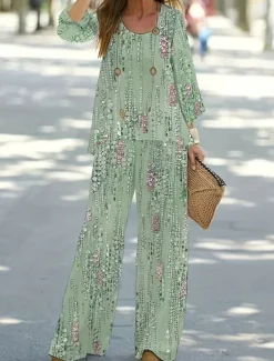 Online Women's 2 Pieces Basic Neon & Bright Shirt Blouse 3/4 Length Sleeve V Neck Floral Print Casual Linen Like Green Summer Regular Fit Women Two Piece Sets