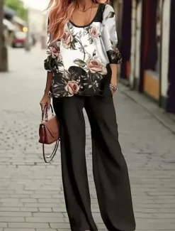 Online Women's 2 Pieces Basic Neon & Bright Shirt Blouse 3/4 Length Sleeve V Neck Floral Print Casual Linen Like Green Summer Regular Fit Women Two Piece Sets