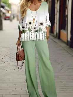 New Women's 2 Pieces Basic Neon & Bright Shirt Blouse 3/4 Length Sleeve V Neck Ombre Floral Print Casual Linen Like White Navy Blue Blue Summer Regular Fit Women Two Piece Sets