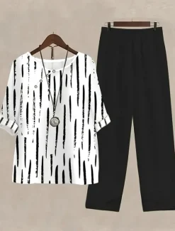 Discount Women's 2 Pieces Basic Shirt Pants Sets Half Sleeve Round Neck Graphic Geometric Polka Dot Print Holiday Weekend Summer Regular Fit Women Two Piece Sets