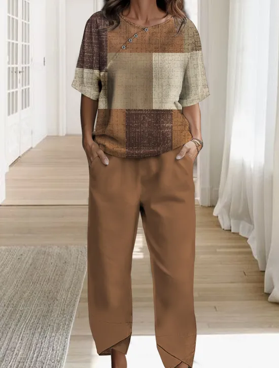 Clearance Women's 2 Pieces Basic Shirt Pants Sets Pants Trousers Short Sleeve Round Neck Plaid Print Casual Daily Blue Brown Green Spring & Fall Regular Fit Women Two Piece Sets