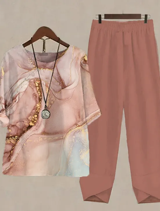Women's 2 Pieces Daily Basic Shirt Pants Sets Pants Trousers Round Neck Graphic Print Holiday Weekend Pink Red Blue Fall & Winter Regular Fit Women Two Piece Sets