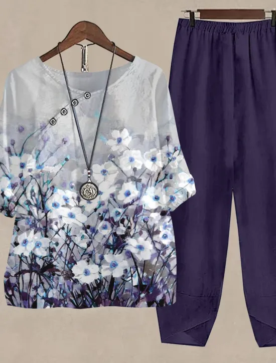Hot Women's 2 Pieces Daily Basic Shirt Pants Sets Pants Trousers Round Neck Floral Print Holiday Weekend Blue Green Fall & Winter Regular Fit Women Two Piece Sets