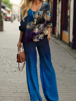 New Women's 2 Pieces Elegant Fashion Streetwear Tank Top Pants Sets Wide Leg Pants Trousers Long Sleeve Round Neck Graphic Print Casual Daily Blue Green Fall & Winter Regular Fit Women Two Piece Sets