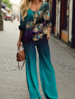 New Women's 2 Pieces Elegant Fashion Streetwear Tank Top Pants Sets Wide Leg Pants Trousers Long Sleeve Round Neck Graphic Print Casual Daily Blue Green Fall & Winter Regular Fit Women Two Piece Sets