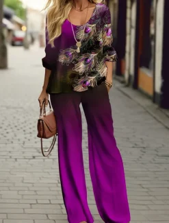 New Women's 2 Pieces Elegant Fashion Streetwear Tank Top Pants Sets Wide Leg Pants Trousers Long Sleeve Round Neck Graphic Print Casual Daily Blue Green Fall & Winter Regular Fit Women Two Piece Sets