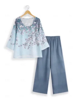 Women's 2 Pieces Elegant Fashion Streetwear Shirt Pants Sets Wide Leg Pants Trousers Long Sleeve V Neck Floral Print Casual Holiday Pink Blue Purple Fall & Winter Regular Fit Women Two Piece Sets