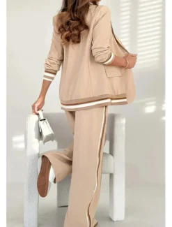 Hot Women's 2 Pieces Elegant Fashion Streetwear Pants Sets Blazer Suits Long Sleeve Shirt Collar Striped Outdoor Work Black White Brown Summer Regular Fit Women Blazers & Suits