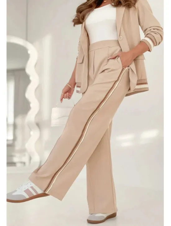 Hot Women's 2 Pieces Elegant Fashion Streetwear Pants Sets Blazer Suits Long Sleeve Shirt Collar Striped Outdoor Work Black White Brown Summer Regular Fit Women Blazers & Suits