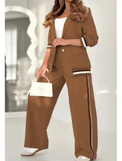 Hot Women's 2 Pieces Elegant Fashion Streetwear Pants Sets Blazer Suits Long Sleeve Shirt Collar Striped Outdoor Work Black White Brown Summer Regular Fit Women Blazers & Suits