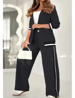 Hot Women's 2 Pieces Elegant Fashion Streetwear Pants Sets Blazer Suits Long Sleeve Shirt Collar Striped Outdoor Work Black White Brown Summer Regular Fit Women Blazers & Suits