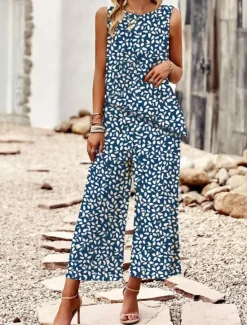 New Women's 2 Pieces Elegant Vacation Tank Top Pants Sets Pants Trousers Sleeveless Crew Neck Floral Vacation Summer Regular Fit Women Two Piece Sets