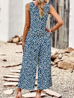 New Women's 2 Pieces Elegant Vacation Tank Top Pants Sets Pants Trousers Sleeveless Crew Neck Floral Vacation Summer Regular Fit Women Two Piece Sets