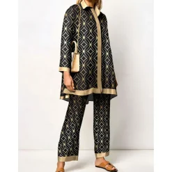New Women's 2 Pieces Elegant Vintage Fashion Shirt Blouse Pants Sets Pants Trousers Long Sleeve Shirt Collar Graphic Print Casual Daily Dark Navy Green Clover Fall & Winter Regular Fit Women Two Piece Sets