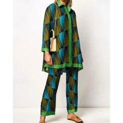 New Women's 2 Pieces Elegant Vintage Fashion Shirt Blouse Pants Sets Pants Trousers Long Sleeve Shirt Collar Graphic Print Casual Daily Dark Navy Green Clover Fall & Winter Regular Fit Women Two Piece Sets