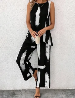 Best Women's 2 Pieces Fashion Daily Tank Top Pants Sets Sleeveless Round Neck Graphic Geometric Print Casual Daily Black White Summer Regular Fit Women Two Piece Sets