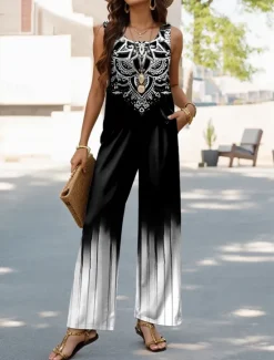 Sale Women's 2 Pieces Fashion Daily Pants Sets Bolero Top Sleeveless U Neck Graphic Geometric Casual Daily Weekend Black Gray Summer Regular Fit Women Two Piece Sets