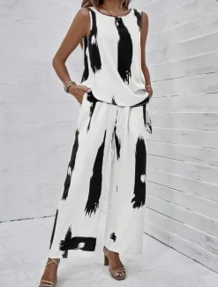 Outlet Women's 2 Pieces Fashion Daily Tank Top Pants Sets Wide Leg Pants Trousers Sleeveless Round Neck Graphic Print Casual Daily Summer Regular Fit Women Two Piece Sets