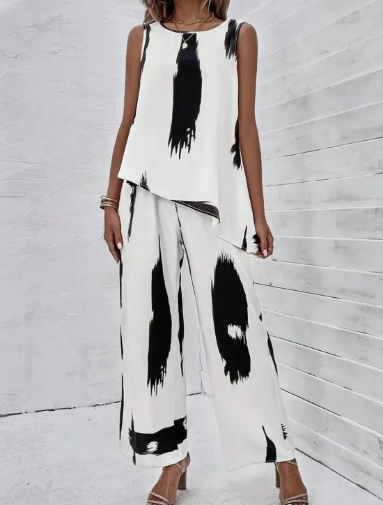 Outlet Women's 2 Pieces Fashion Daily Tank Top Pants Sets Wide Leg Pants Trousers Sleeveless Round Neck Graphic Print Casual Daily Summer Regular Fit Women Two Piece Sets